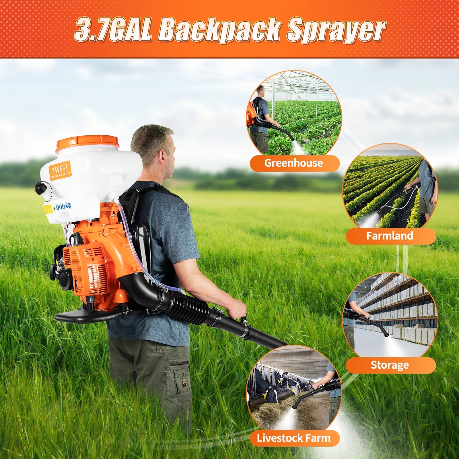 Backpack Sprayer 3.7Gal Large Capacity Agricultural Mist Duster Sprayer Gas Powered 2-stroke Motor 41.5CC Spraying Machine