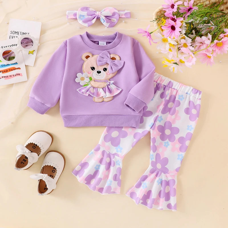 Cute Toddler Girl Autumn Ensemble Bear Embroidered Sweatshirt Floral Flare Pants Headband - 3 Piece Set for Fall - Firu Total Sales
