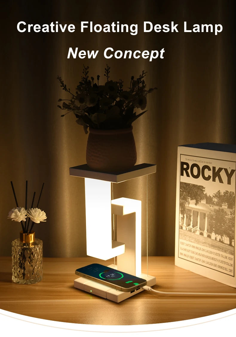 Floating Desk Lamp with Wireless Charger | USB Output | iPhone Charging Dock | Bedside Table Lamp
