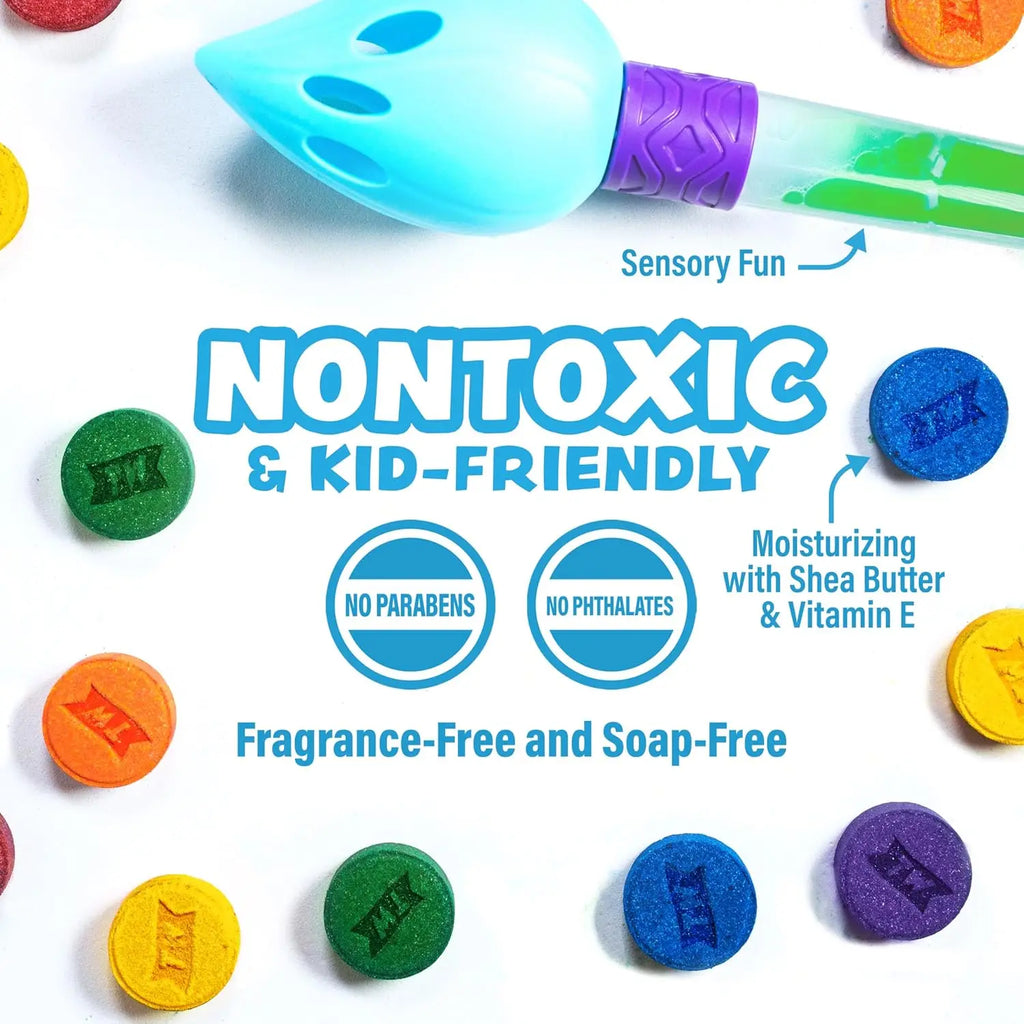 Kids Bath Bomb Set with Color Brush | Nontoxic, Fragrance-Free | Fizzing Colors for Fun Bathtub Play