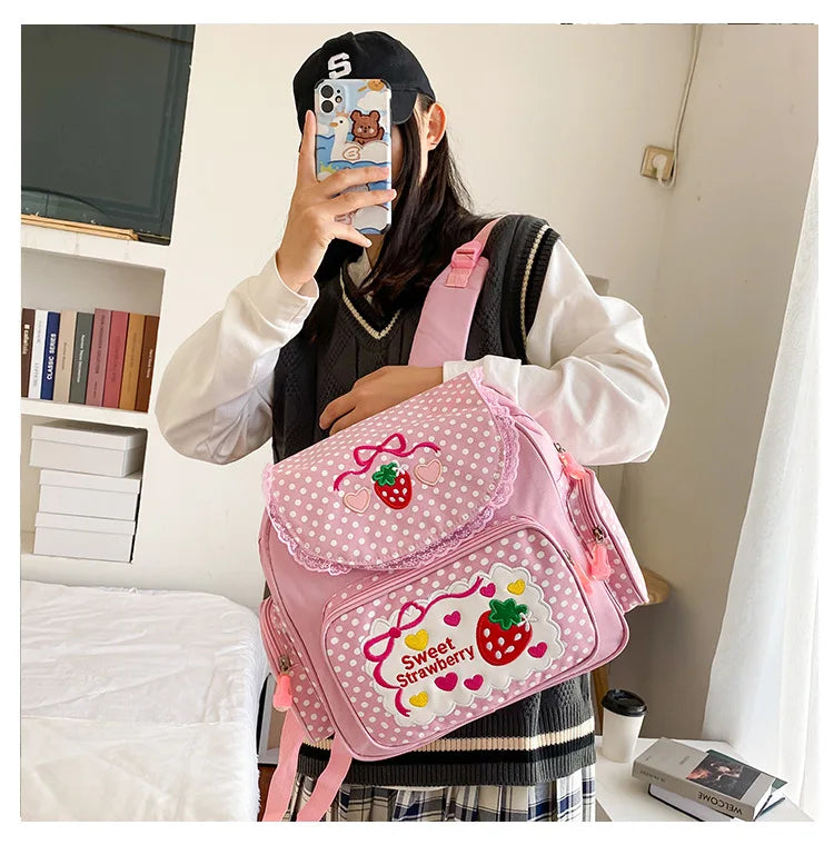 Pink Girl Embroidery Strawberry Children's Schoolbag Student Birthday Gift 2026 New Japanese Cartoon Pink Backpack Book Bags