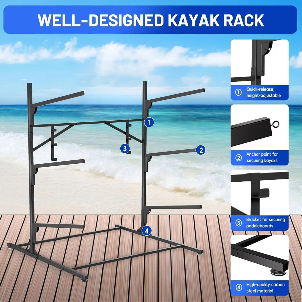 3/4 Tier Kayak Storage Rack, Heavy-Duty Metal Multifunctional Floor Holder For Canoe Surfboard Paddleboard