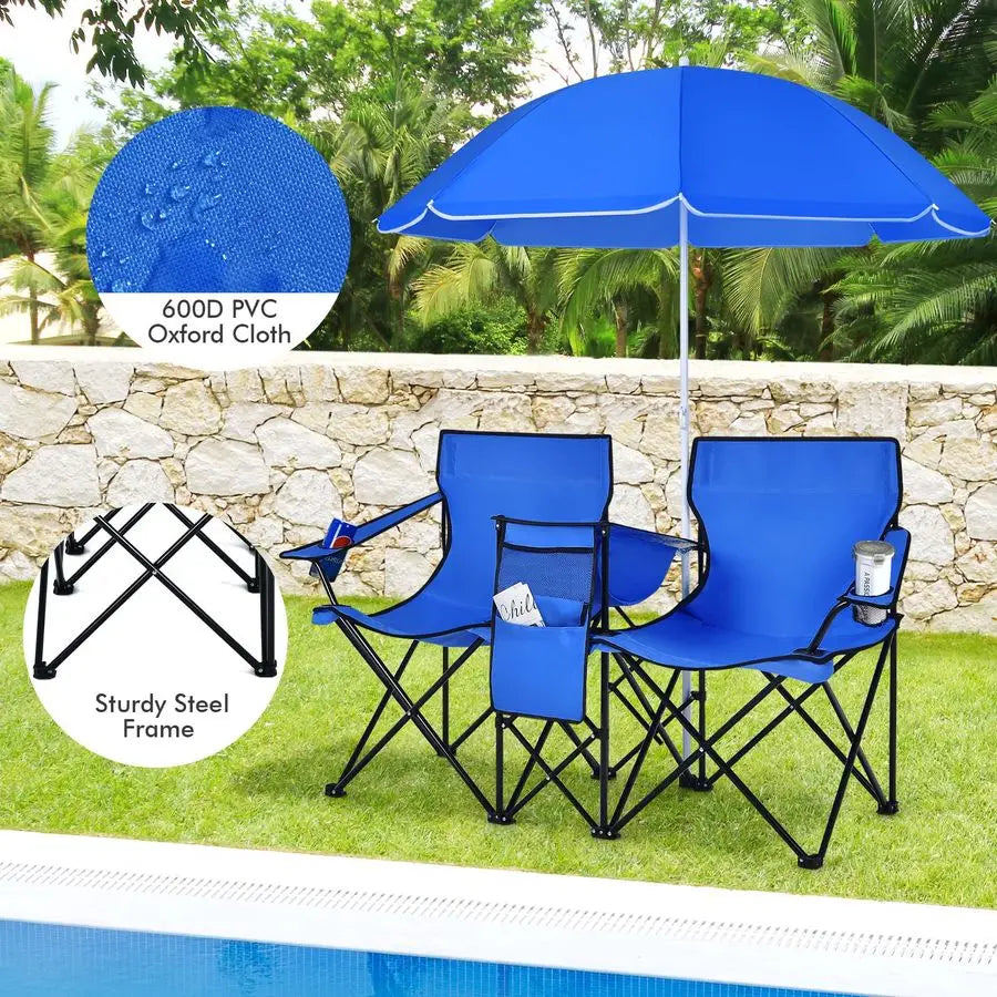 Double Portable Picnic Chairs, Folding Camping Chairs w Detachable Umbrella, Cooler Bag, Cup Holders, Patio Beach Camping Chair