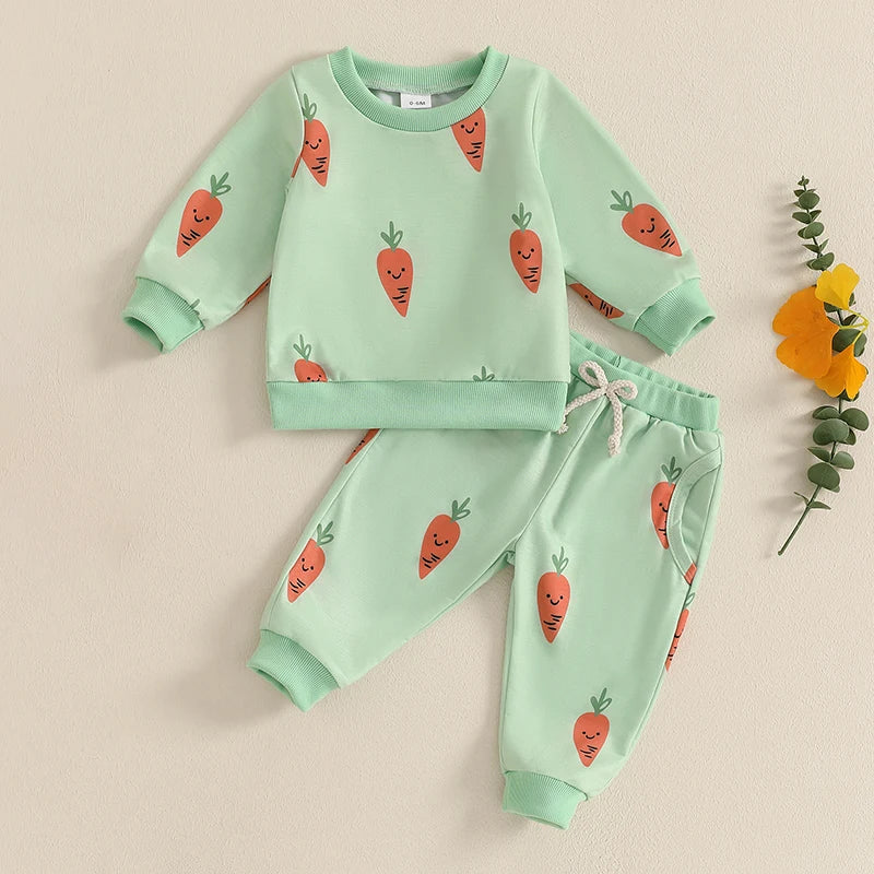 Cute Bunny Print Hooded Sweatshirt with Cozy Jogger Pants 2-Piece Outfit for Toddler Girls and Boys - Firu Total Sales