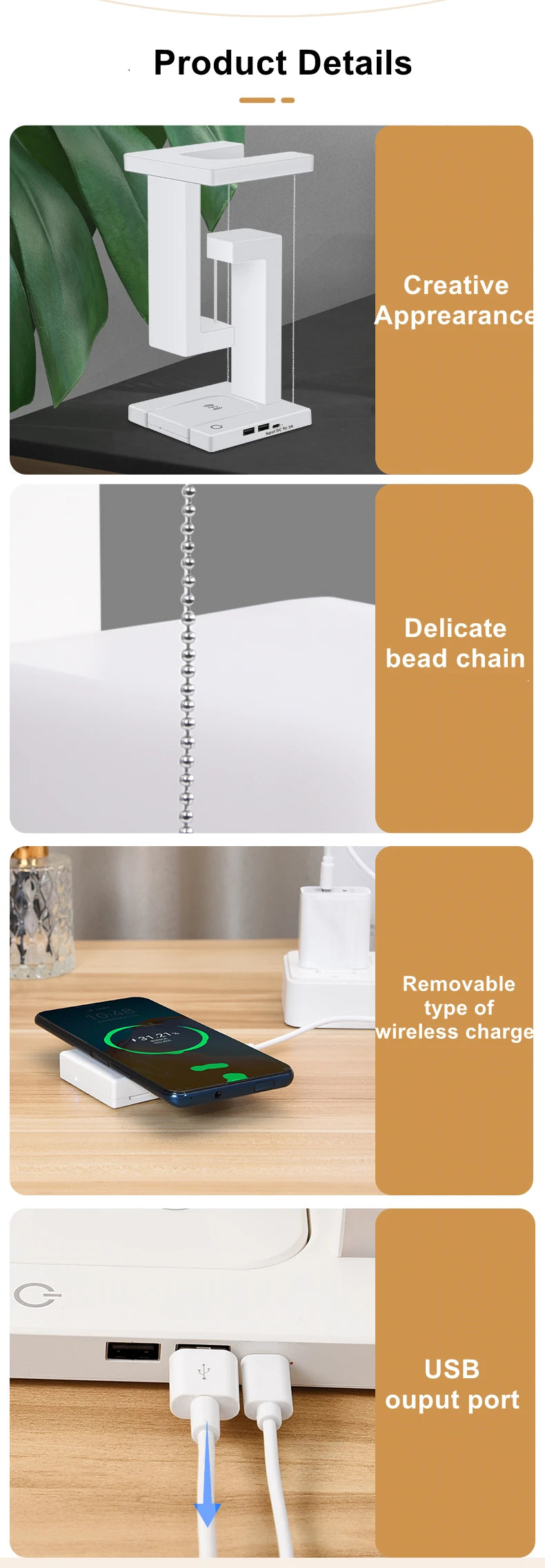 Floating Desk Lamp with Wireless Charger | USB Output | iPhone Charging Dock | Bedside Table Lamp