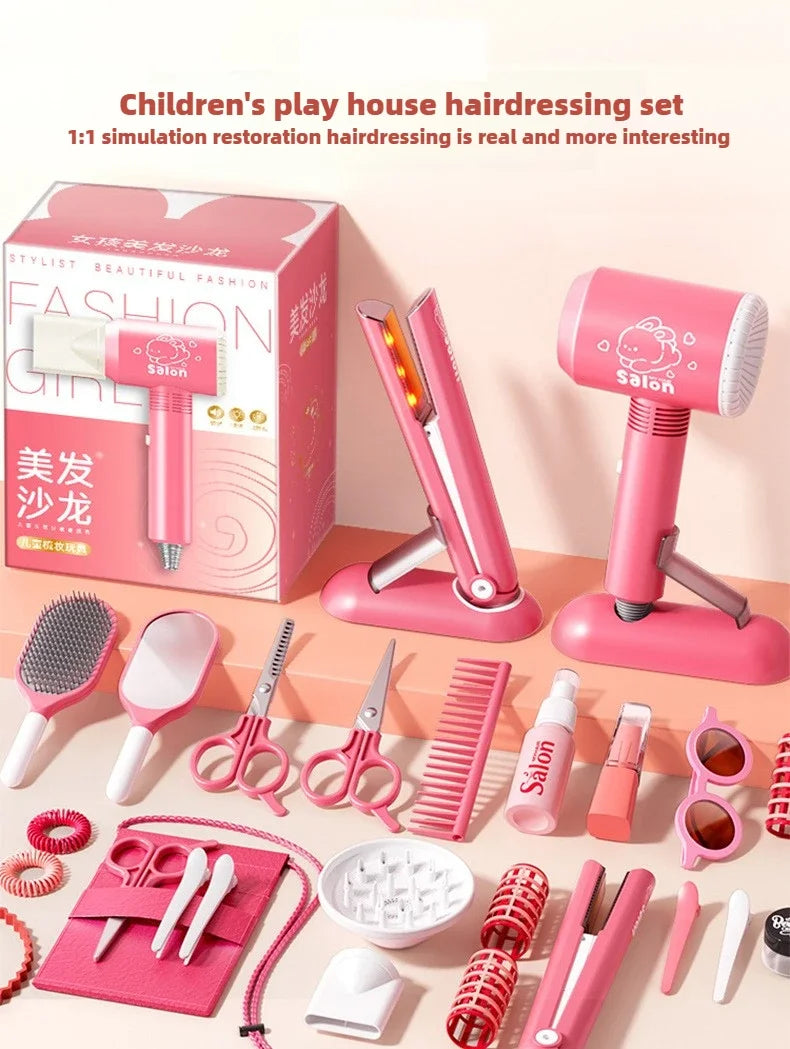 Girls Beauty Salon Set Kids Hair Beauty Makeup Set Simulation Hair Dryer Fashion Styling Tool Pretend Play House Gift Fun Game
