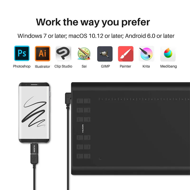Tableta Gráfica HUION Inspiroy H1060P | 8192 Niveles Presión | Lápiz Sin Batería | 12 Teclas Personalizadas - Firu Total Sales