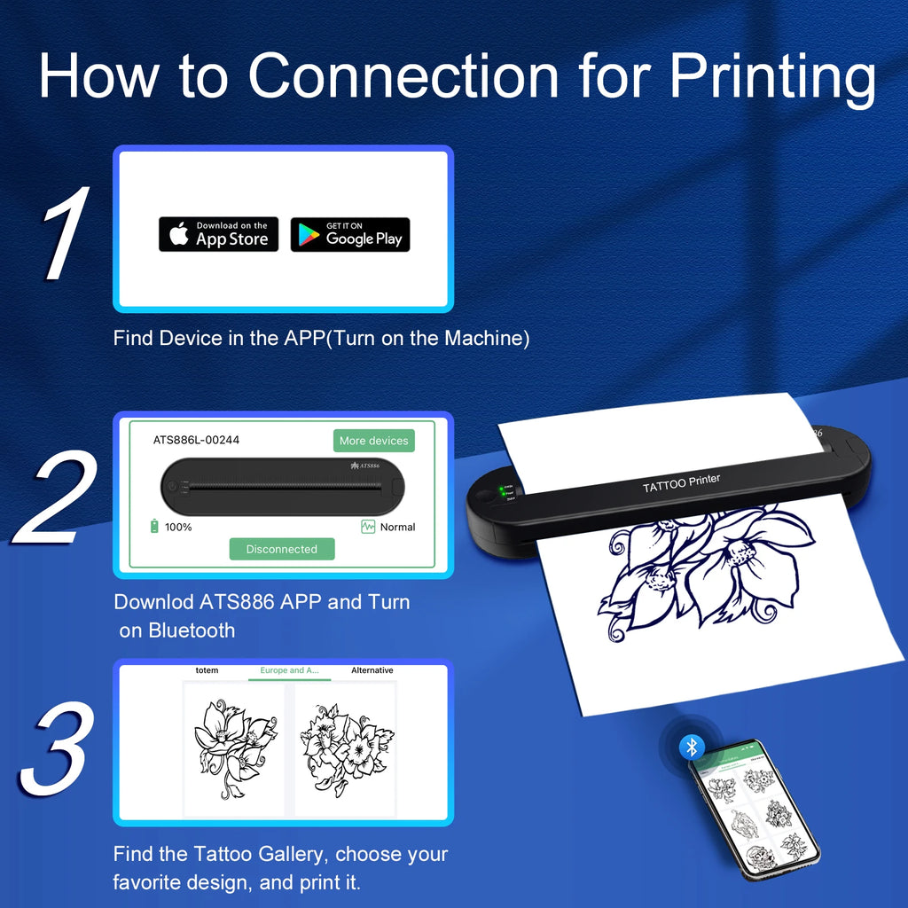 Yilong Ats886 Tattoo Printer Wireless Tattoo Stencil Printer Professional Thermal Transfer Bluetooth Portable Printer Copier