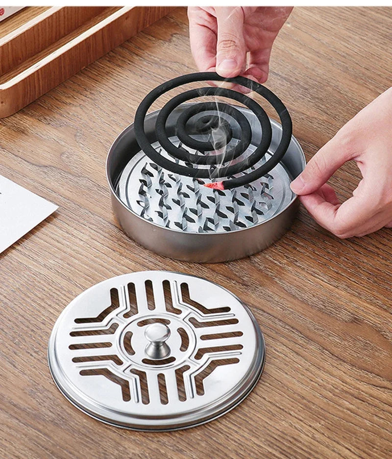 Mosquito Coils Holder Stainless Steel Mosquito Coil Box with Cover Round Mosquito Coil Tray Easy To Clean Anti-Mosquito Supplies