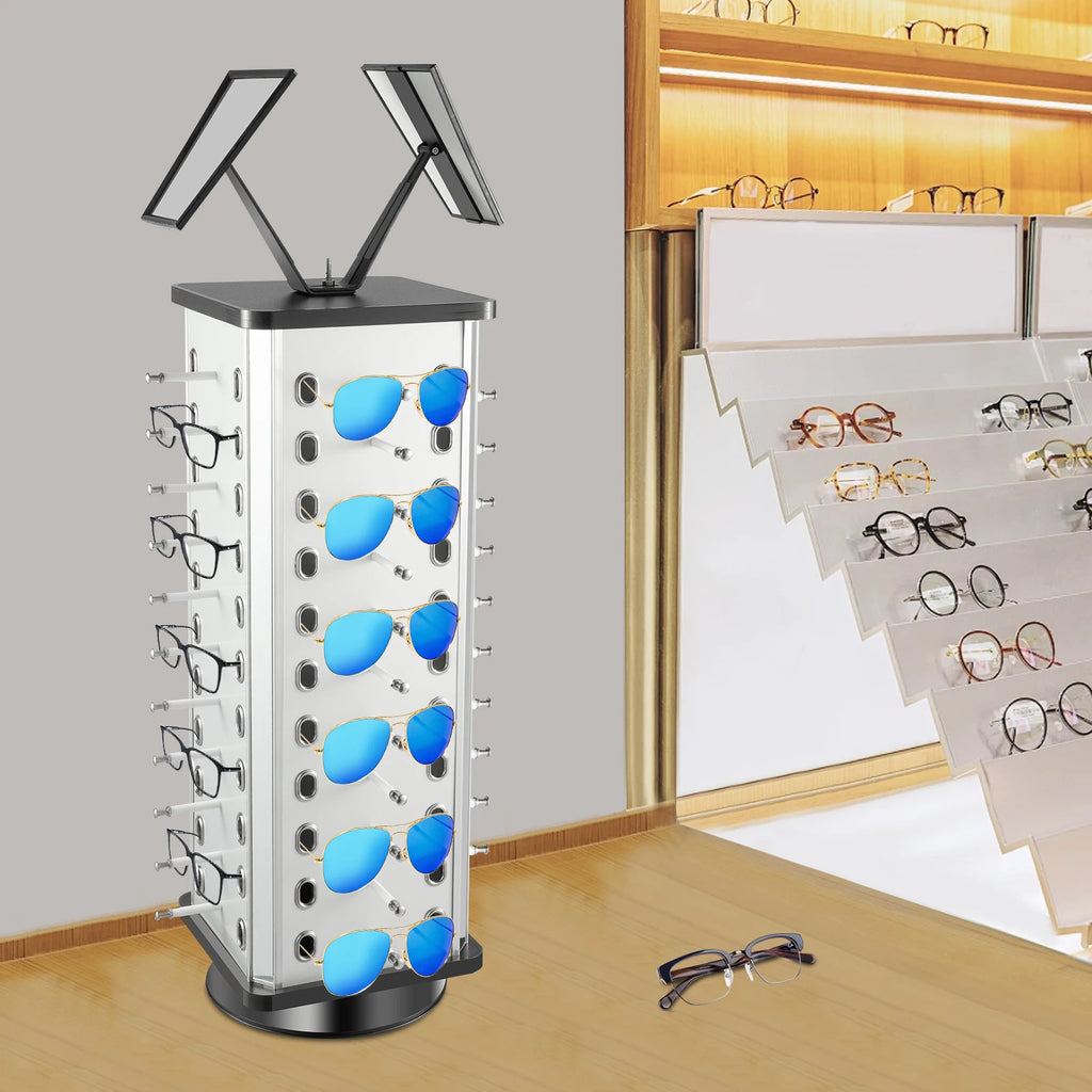 44 Pairs Rotating Eyeglasses Display Stand with 2 Mirrors 86cm Large Capacity Freestanding Sunglass Holder for Shops