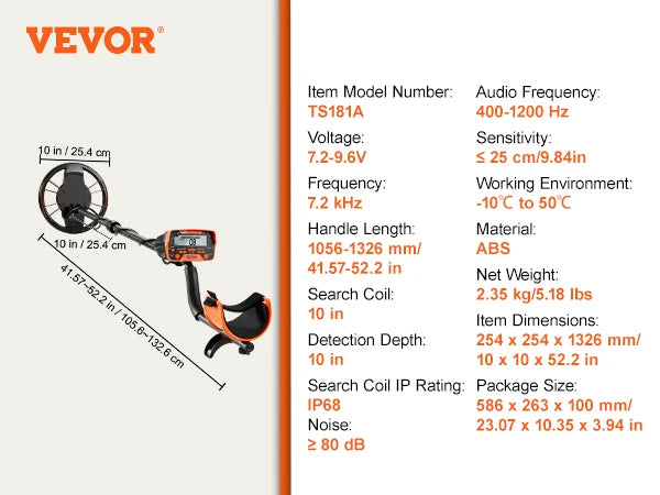 VEVOR Detector de Metales TS181A | Bobina 10" IP68 | Pantalla LCD | 7 Modos | Barra Aluminio 41-52" | Adultos y Niños - Firu Total Sales