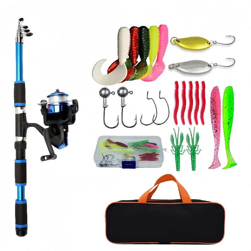 Telescopic Fishing Rod & Spinning Reel Full Kit | Baits, Hooks & Travel Bag Included