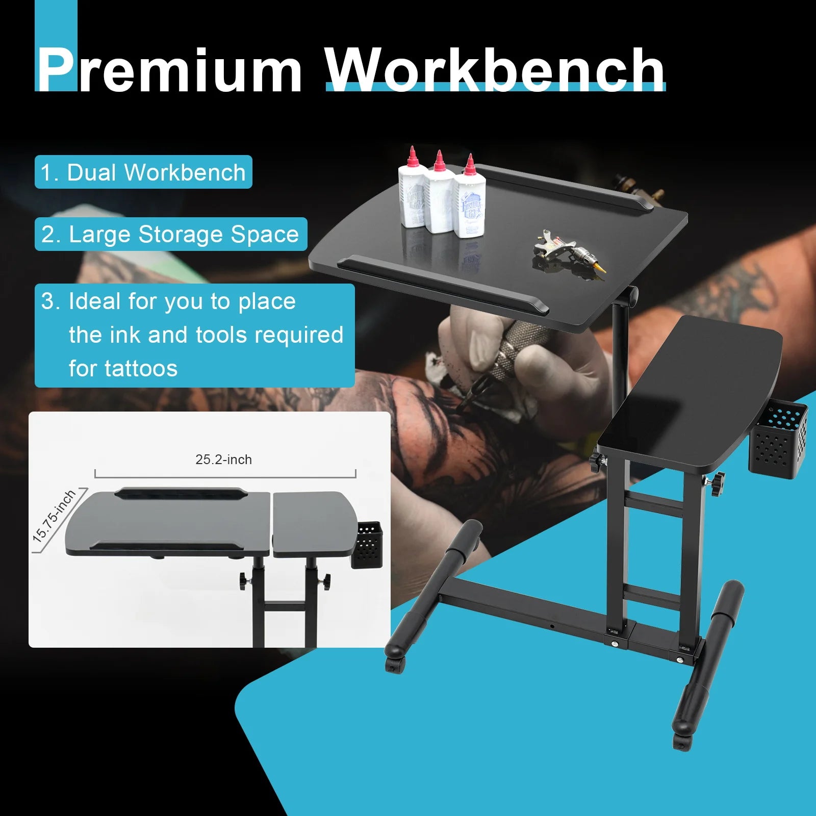Tattoo Workbench with Adjustable Height, Rolling Cart with Locking Wheels & Dual Tabletop, 27.5LBS Capacity Artist,Salon