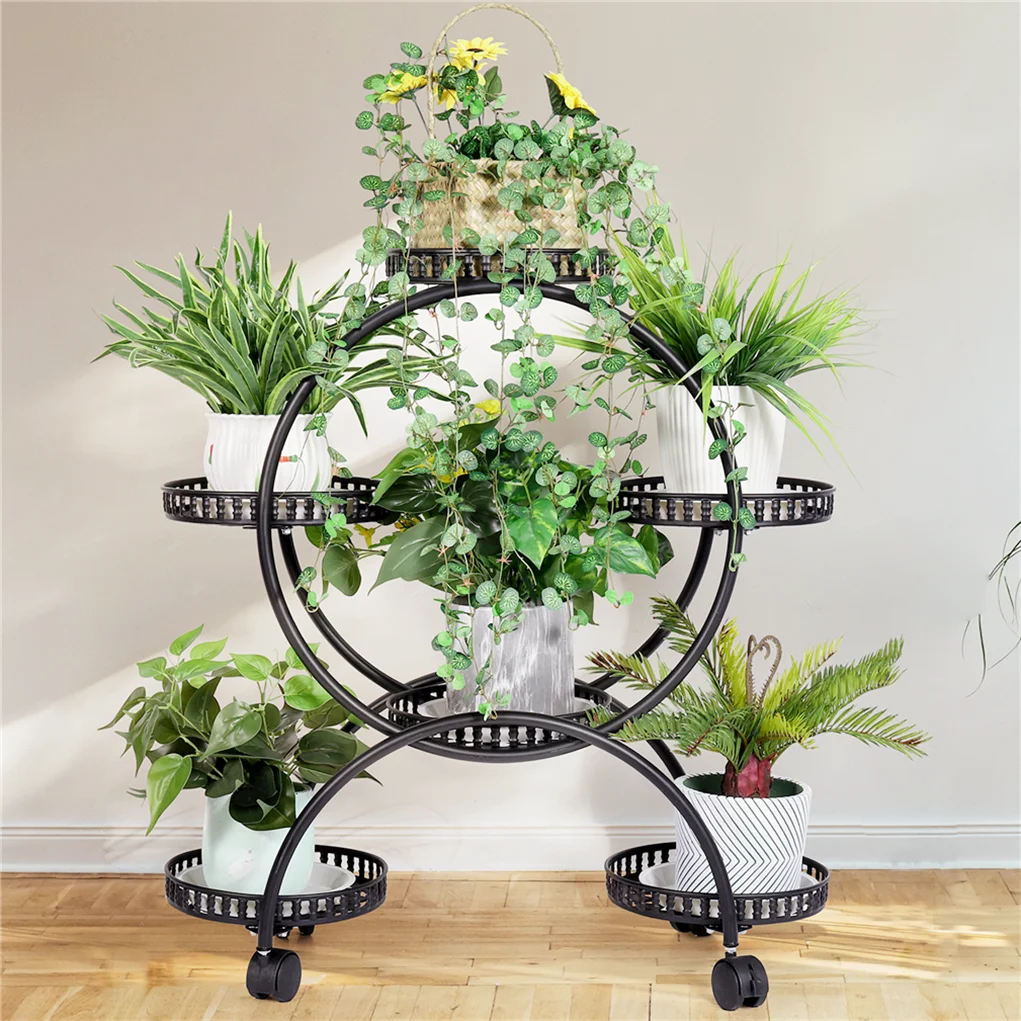 4 Layer 6 Pots Flower Holder Plant Stand Shelf 4-Wheel Free Moving Dispaly Shelf Rack Balcony