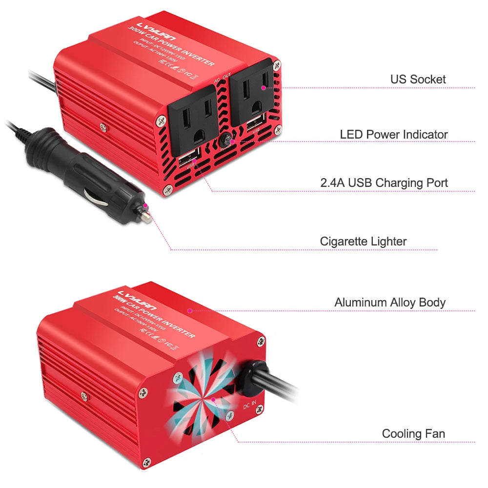 Inversor de Corriente Foval 300W | DC 12V a AC 110V/220V | Dual USB | Cargador Coche | Enchufe EU/US - Firu Total Sales