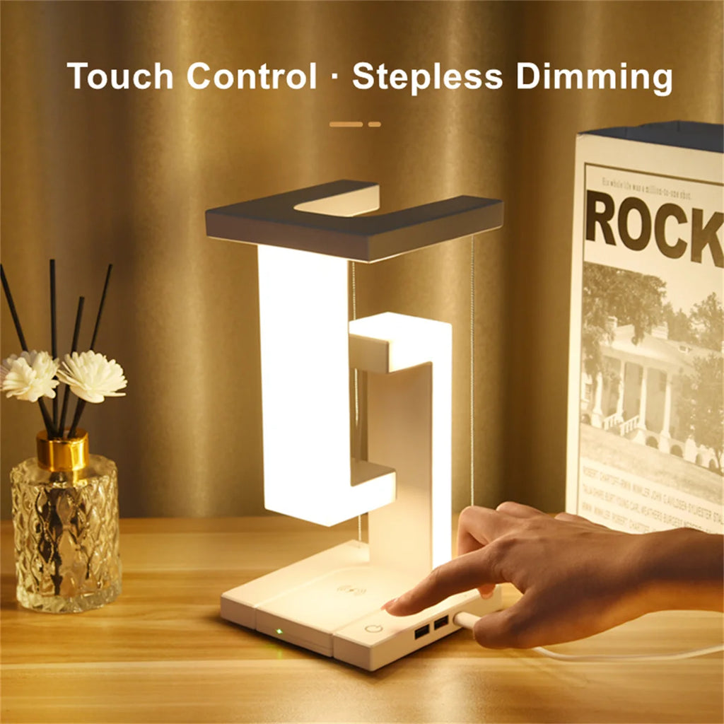 Floating Desk Lamp with Wireless Charger | USB Output | iPhone Charging Dock | Bedside Table Lamp