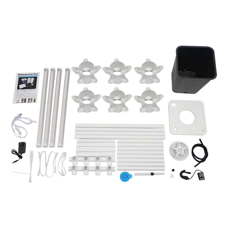 6-Tiers 30 Planting Holes Hydroponics Vertical Growing Kit, Tower Standing Soilless Vegetable Grower with LED & Water Tank
