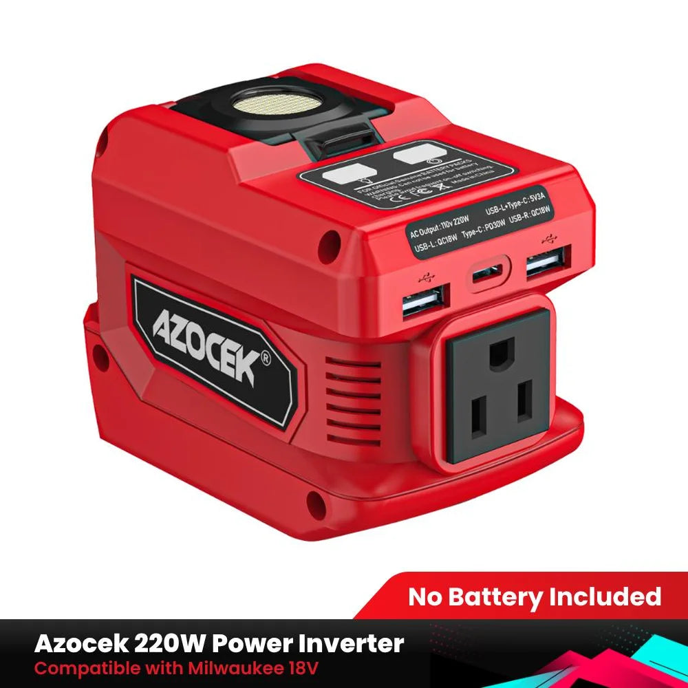 Kzreect Inversor 200W | Batería Milwaukee 18V | AC 110V | 4 Salidas | LED 300LM | Camping y Auto