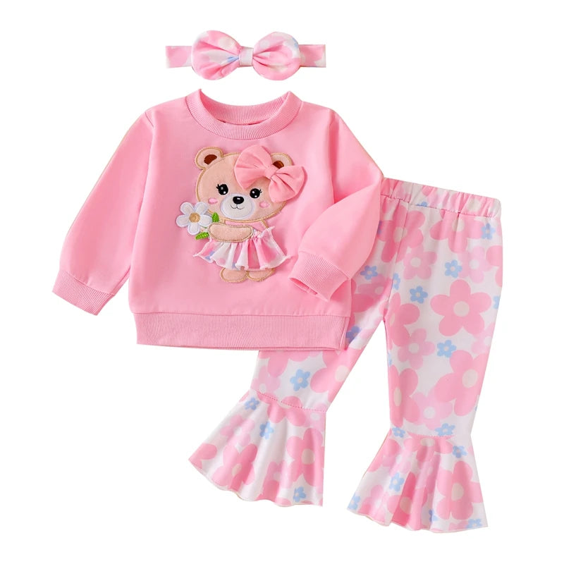 Cute Toddler Girl Autumn Ensemble Bear Embroidered Sweatshirt Floral Flare Pants Headband - 3 Piece Set for Fall - Firu Total Sales