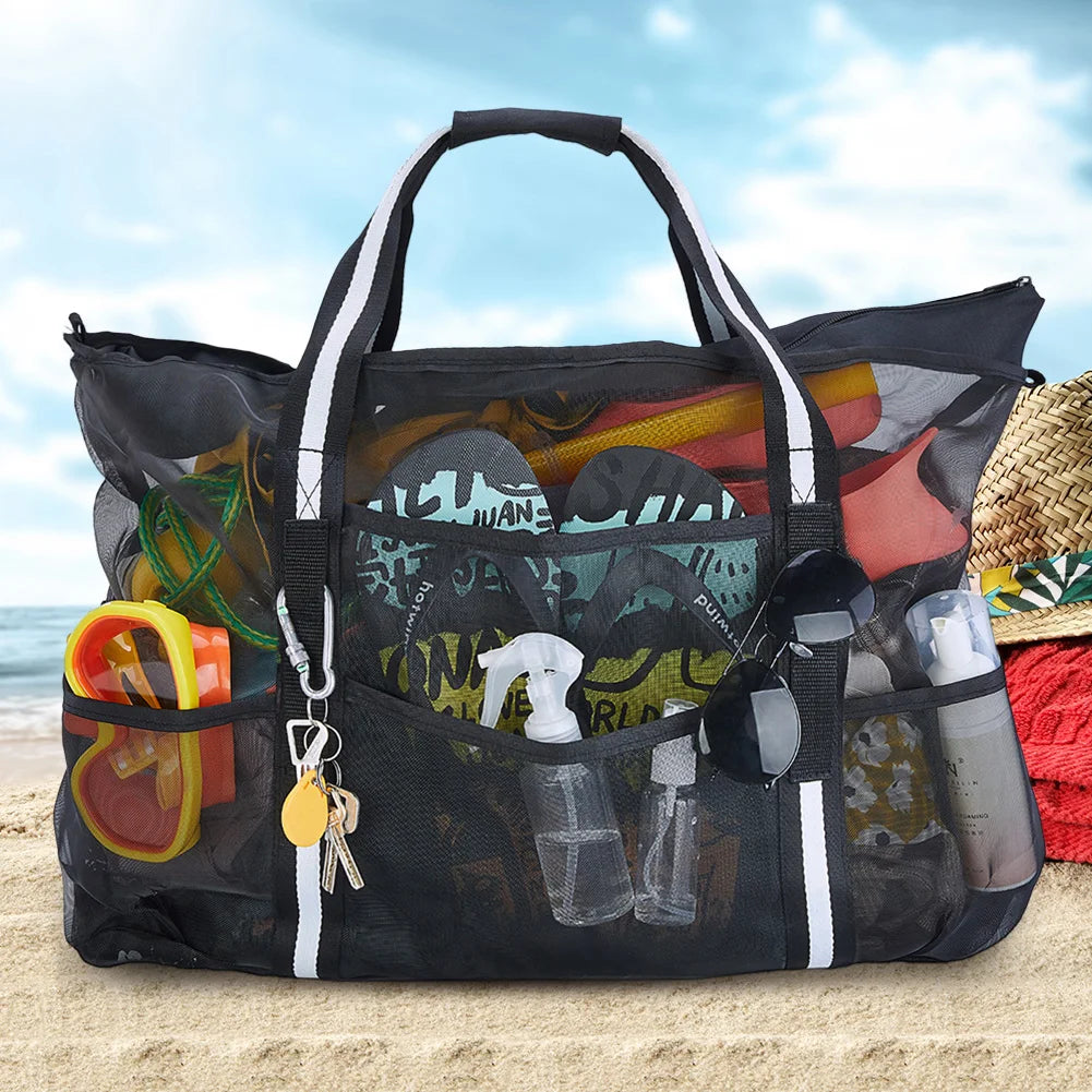 Mesh Swimming Bag Sandproof Bottom Foldable Summer Pool Bag 8 Pockets Beach Handbag Zipper Towel Storage for Travel Vacation