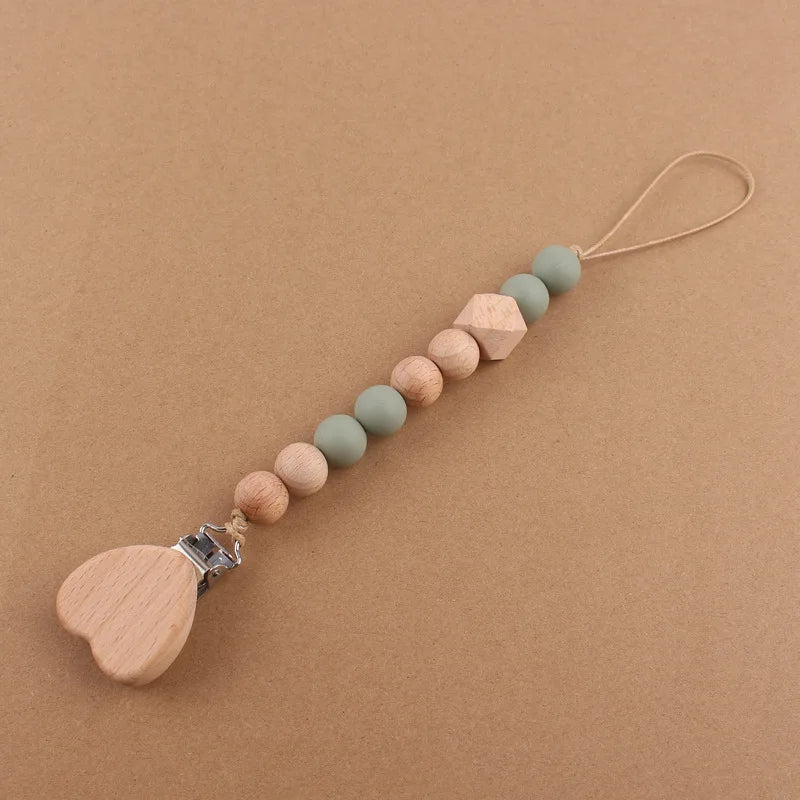Baby products cartoon love beechwood pacifier clip creative baby silicone beads bite teeth pacifier chain