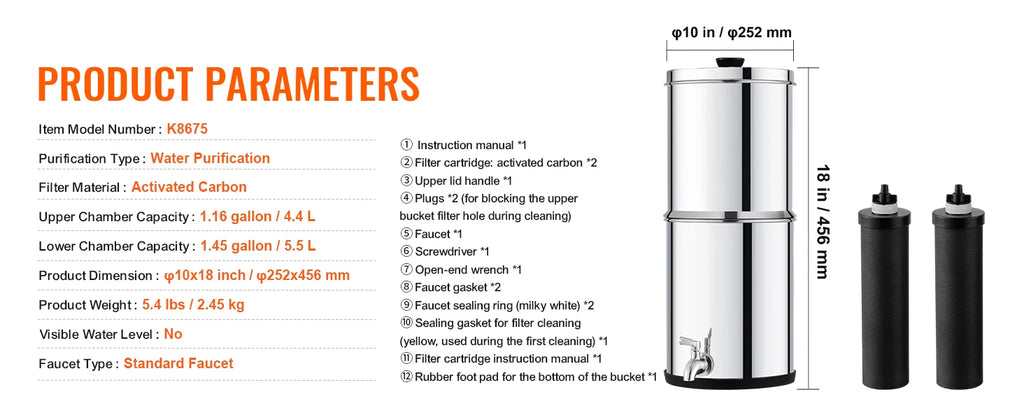 SucceBuy 1.5G 2.25G Gravity-fed Water Filter System 304 Stainless-Steel Water Filtration System Countertop with 2 Carbon Filters