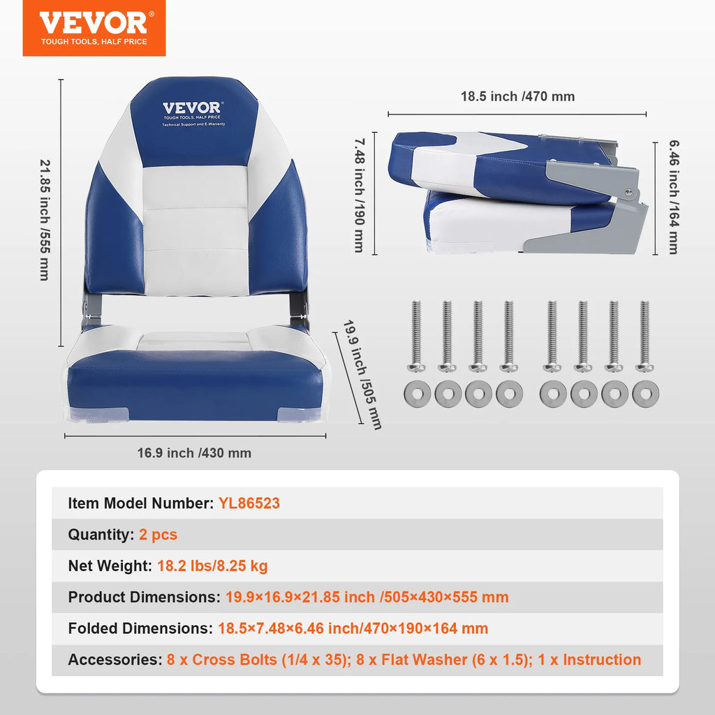 SucceBuy 21.85" High Back Boat Seat Folding Boat Chair with Thickened Sponge Padding Fold-Down Boat Captain Chairs 2-Pack