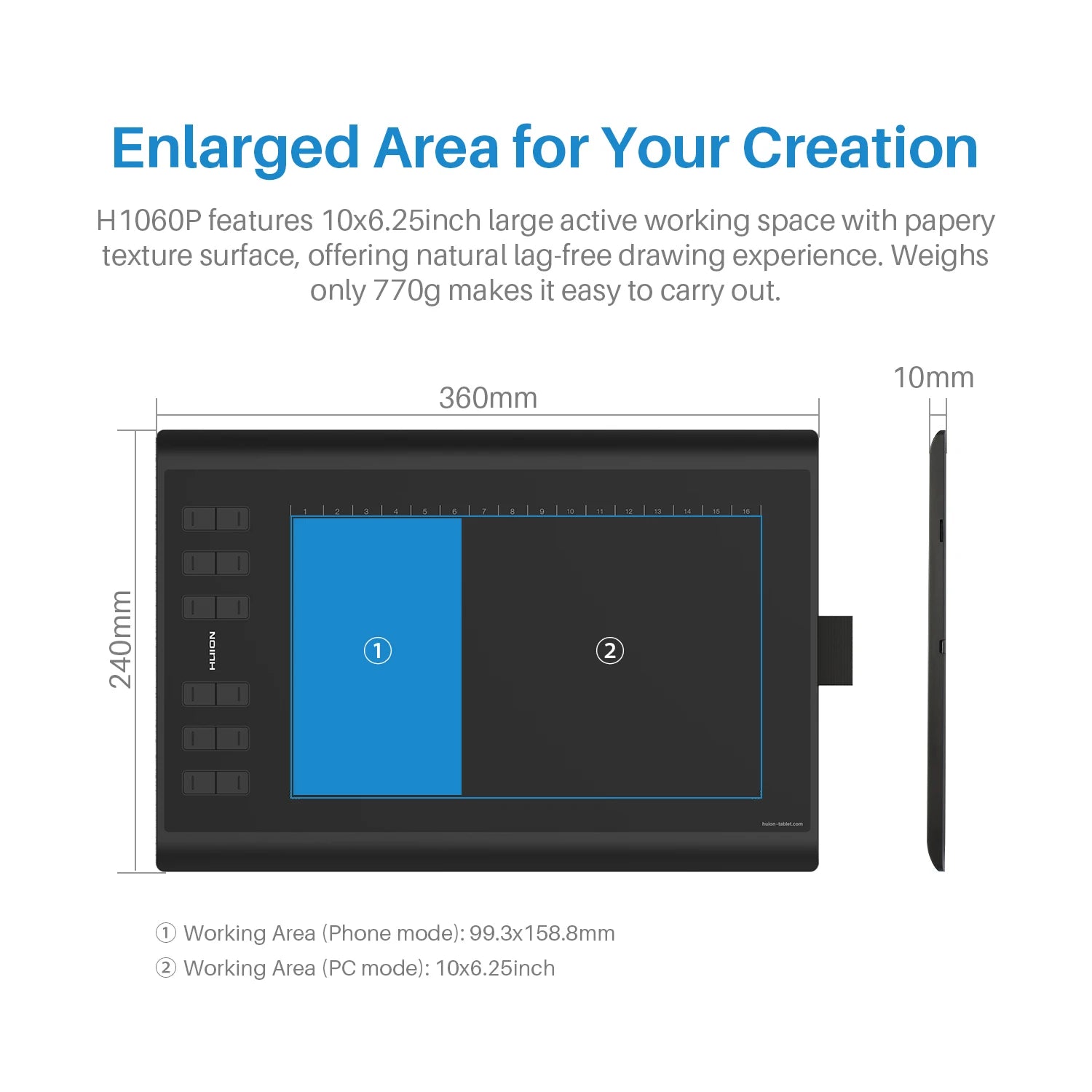 Tableta Gráfica HUION Inspiroy H1060P | 8192 Niveles Presión | Lápiz Sin Batería | 12 Teclas Personalizadas - Firu Total Sales