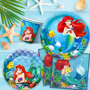 Little Mermaid Birthday Supplies,185pcs Little Mermaid Birthday Party Decorations&Tableware-Little Mermaid Stickers Banner Plate