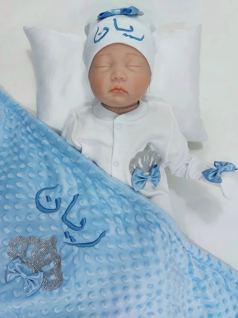 Customized Name Newborn Baby Boss Embroidery Lace Romper Outfit Infant Wrapped Baby Products Pants Mittens Receiving Blanket