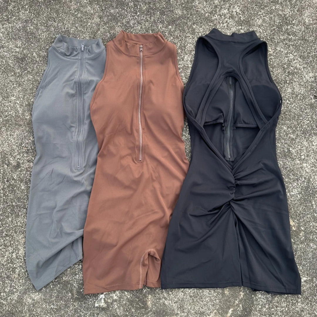 Solid Color Scrunch Back Waist Tight Yoga Jumpsuit Shorts Set for Women, Zipper Gym Sportswear Fitness One-Piece Sports Suit