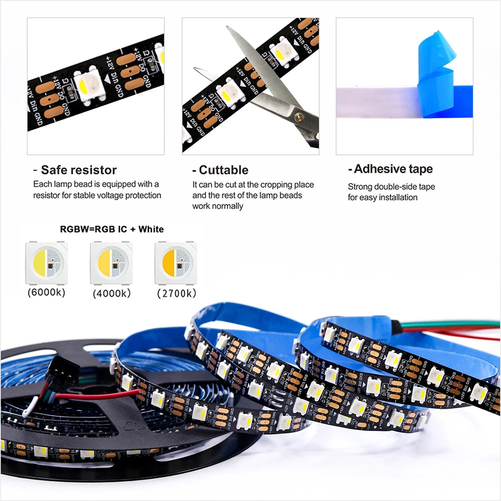 Tira LED SK6812 RGBW/RGBWW DC12V | Direccionable | 30/60/144 LEDs/m | IP30/65/67 | PCB Negro/Blanco | 1-5m - Firu Total Sales