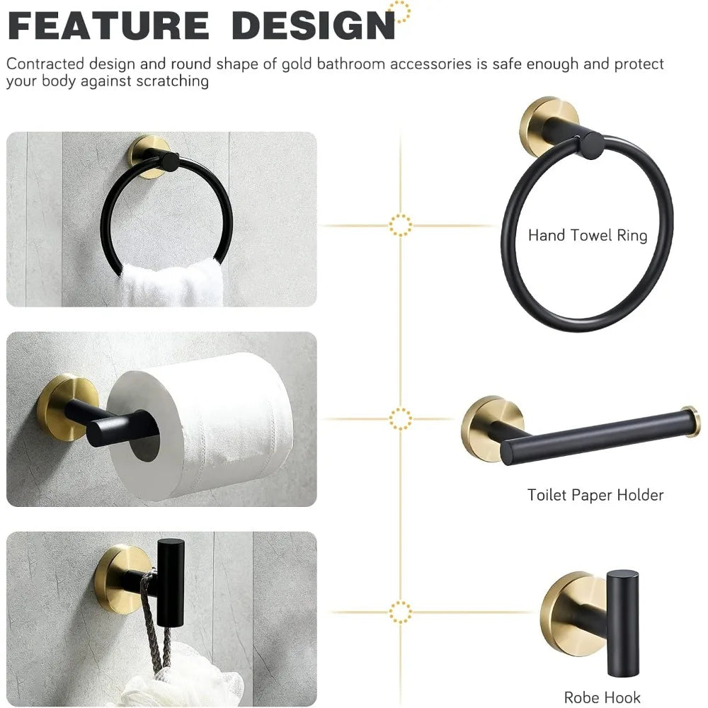 Luxury Black & Gold Wall-Mounted Stainless Steel 3-Piece Towel Bar Set - Modern Bathroom Hardware Accessories Towel Rack
