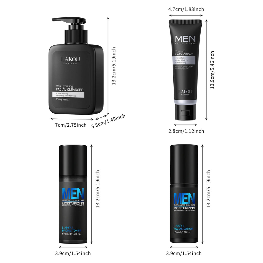 LAIKOU Men Skincare Set 4pcs TONE-UP Lazy Cream Facial Cleanser Toner Lotion Hydrating Oil Control 3-Minute Routine