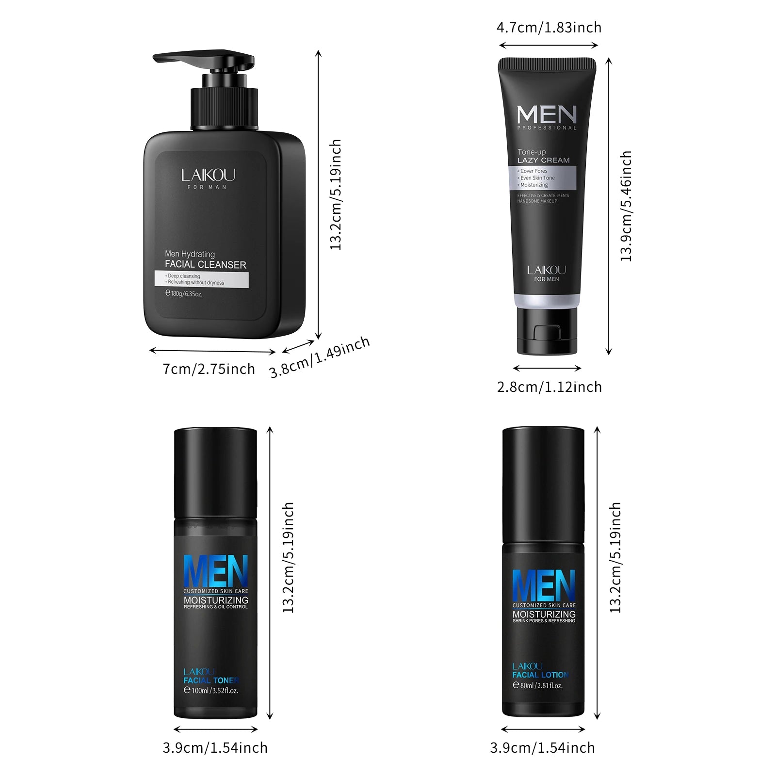 LAIKOU Men Skincare Set 4pcs TONE-UP Lazy Cream Facial Cleanser Toner Lotion Hydrating Oil Control 3-Minute Routine