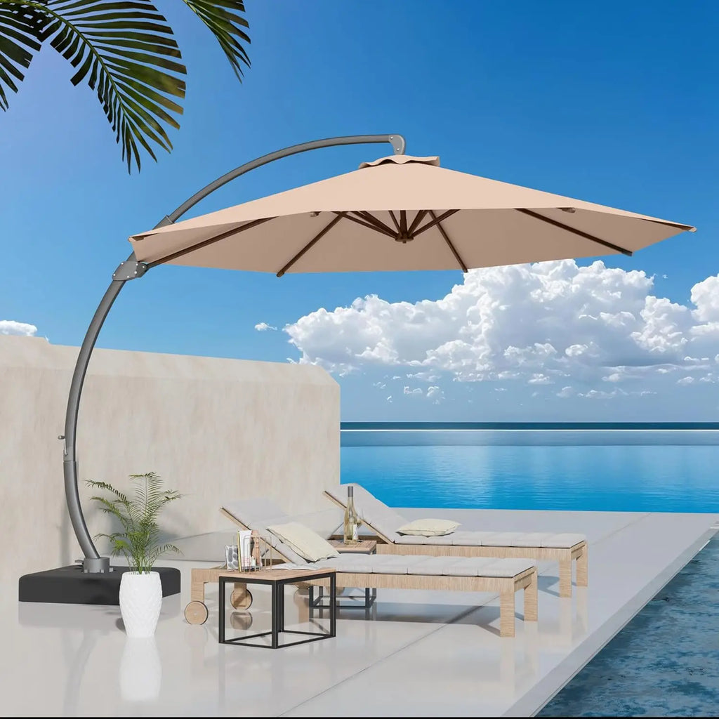 11ft round Aluminum Patio Umbrella with Base - Offset Cantilever Design 360° Rotating Customizable Large Outdoor Shade Umbrella