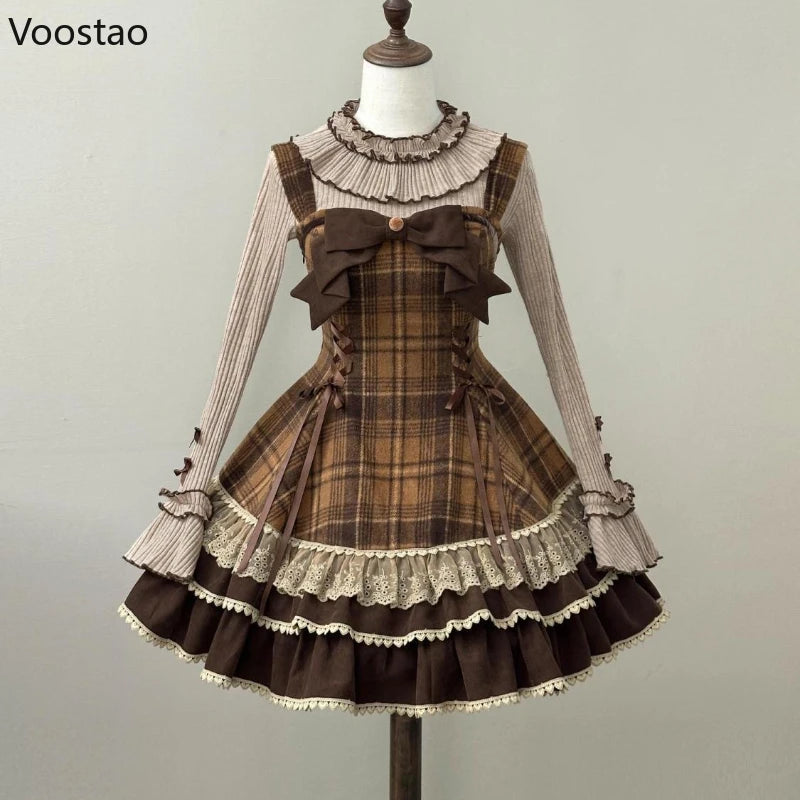 Japanese Cute Lolita Style 3 Piece Set Women Sweet Lace Bow Peter Pan Collar Cloak Top Plaid Mini Dress Korean Harajuku Y2k Suit