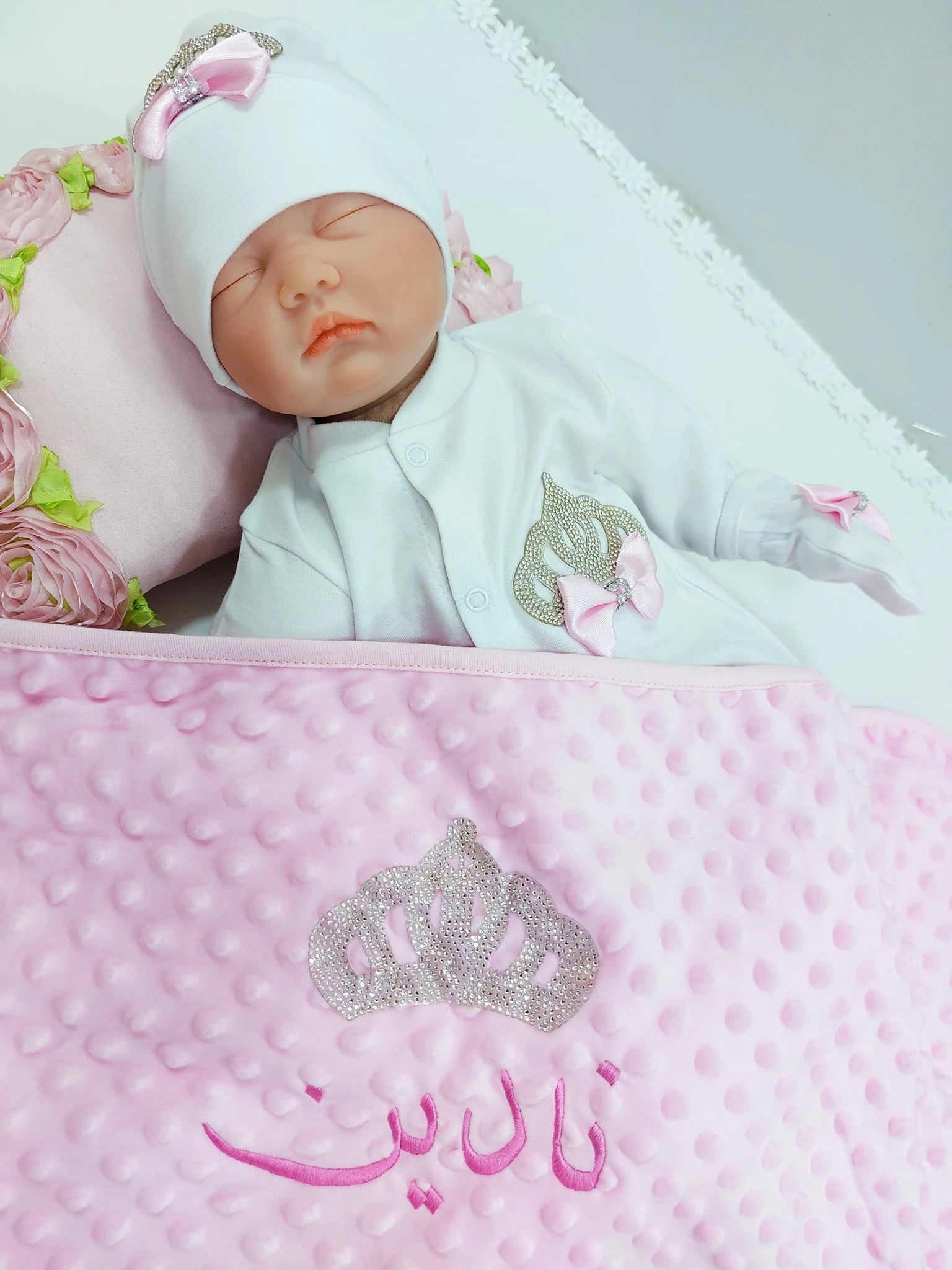 Customized Name Newborn Baby Boss Embroidery Lace Romper Outfit Infant Wrapped Baby Products Pants Mittens Receiving Blanket