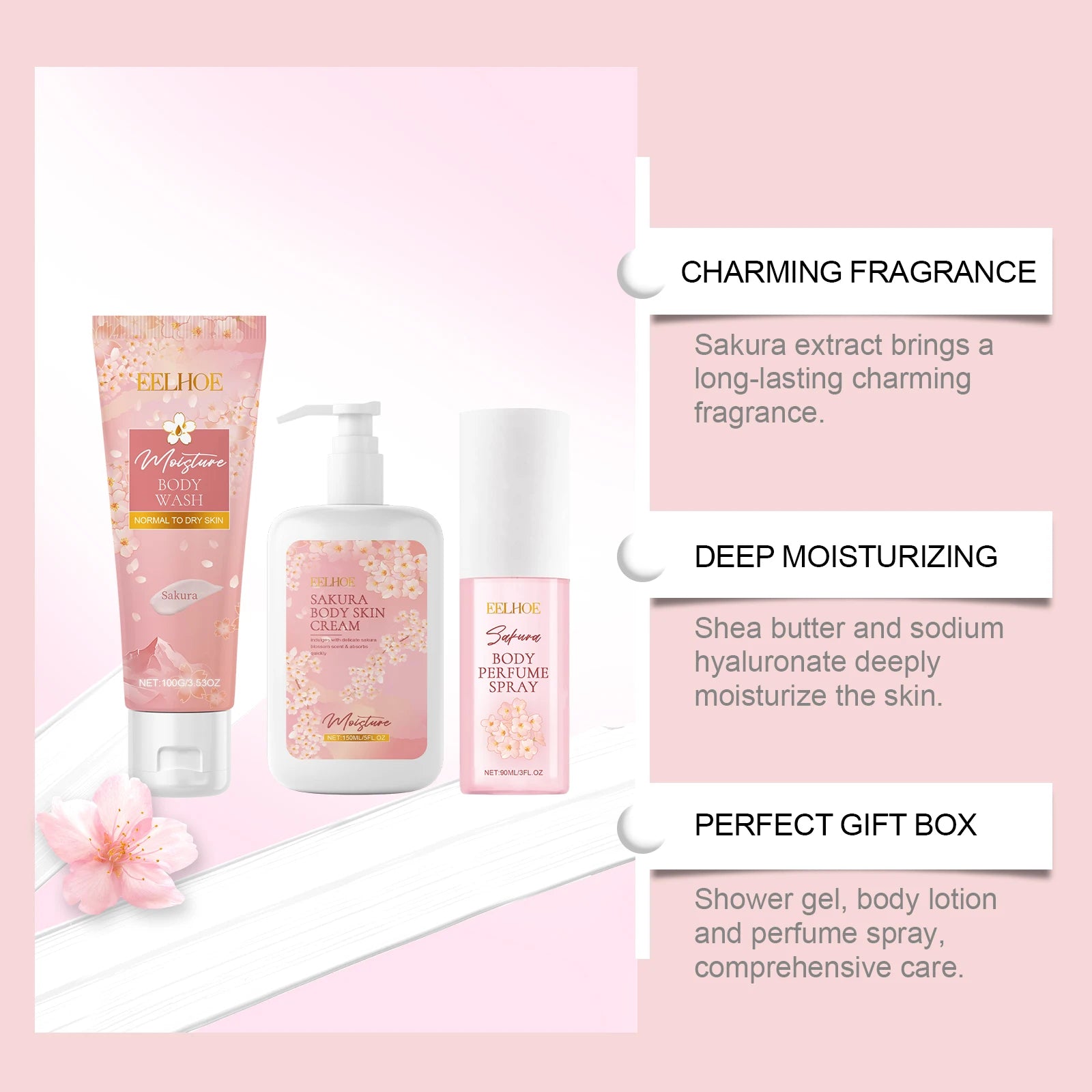 EELHOE Sakura Flower Body Skin Care Set Lasting Moisturizer Body Lotion for Brightening Skin Lightening Shower Gel Perfume Spray