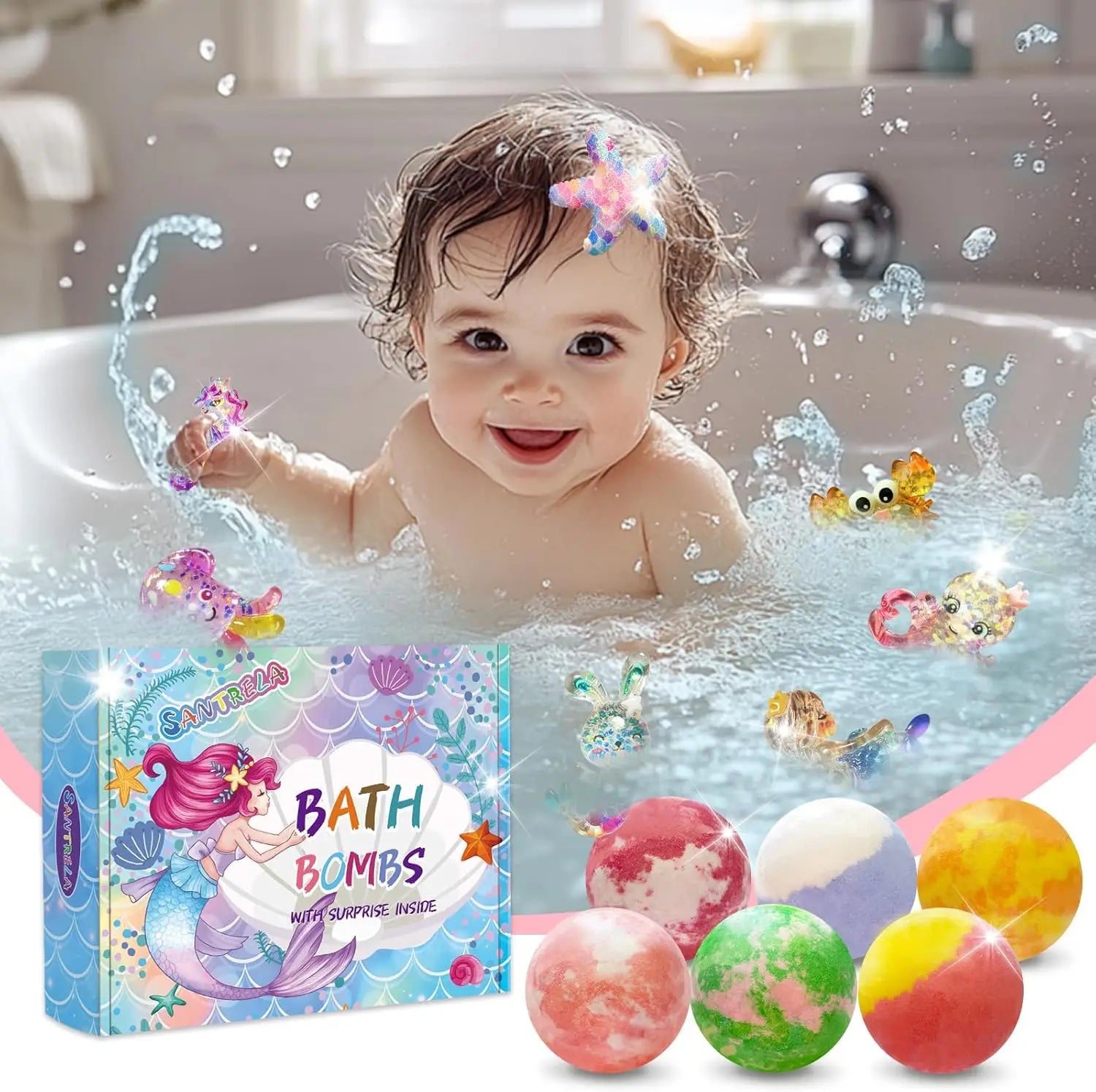 Kids Bath Bombs with Surprise Mermaid Toys, 12pcs Gift Set for Girls, Moisturizing Shea & Coco Butter