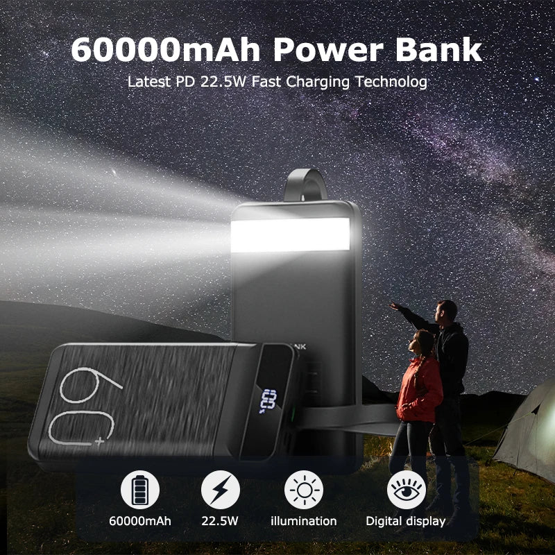 hganus Power Bank 60000mAh | QC PD3.0 22.5W | 4 Puertos | Linterna LED | Pantalla Digital | iPad, iPhone y Xiaomi