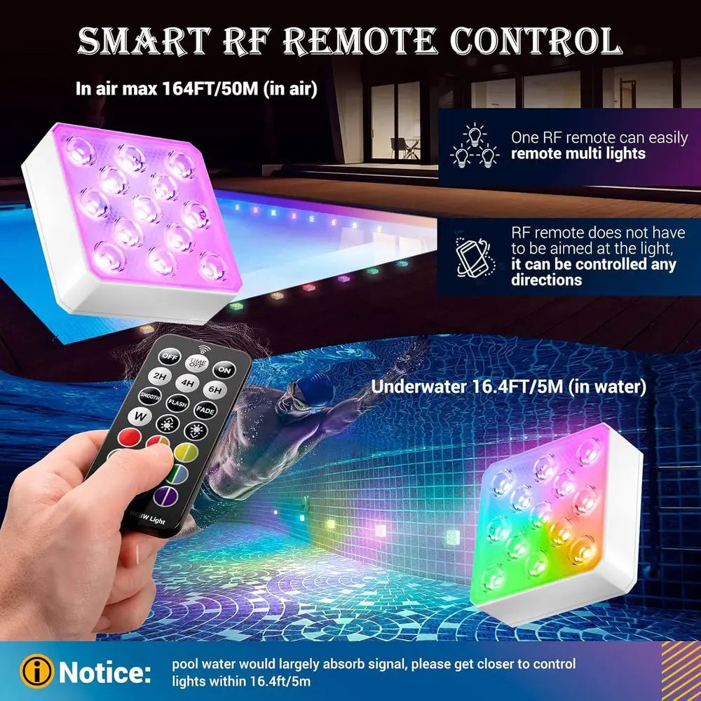 Rechargeable Pool Lights with Remote, 13 LEDs Waterproo Magnetic Underwater Light, 16 Color Changing Submersible Light or Above