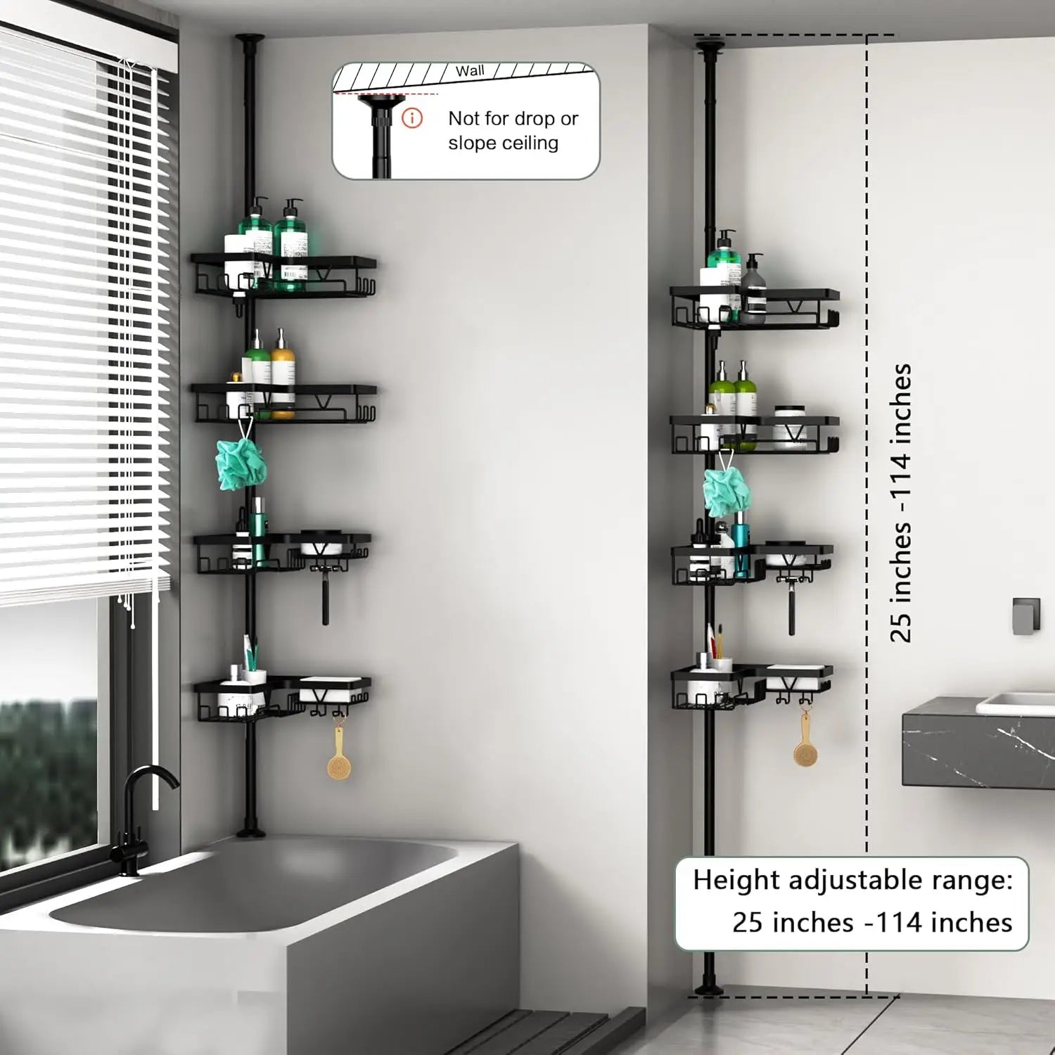 4-Tier Stainless Steel Adjustable Shower Caddy Tension Pole for Bathroom Organization, Rustproof Black