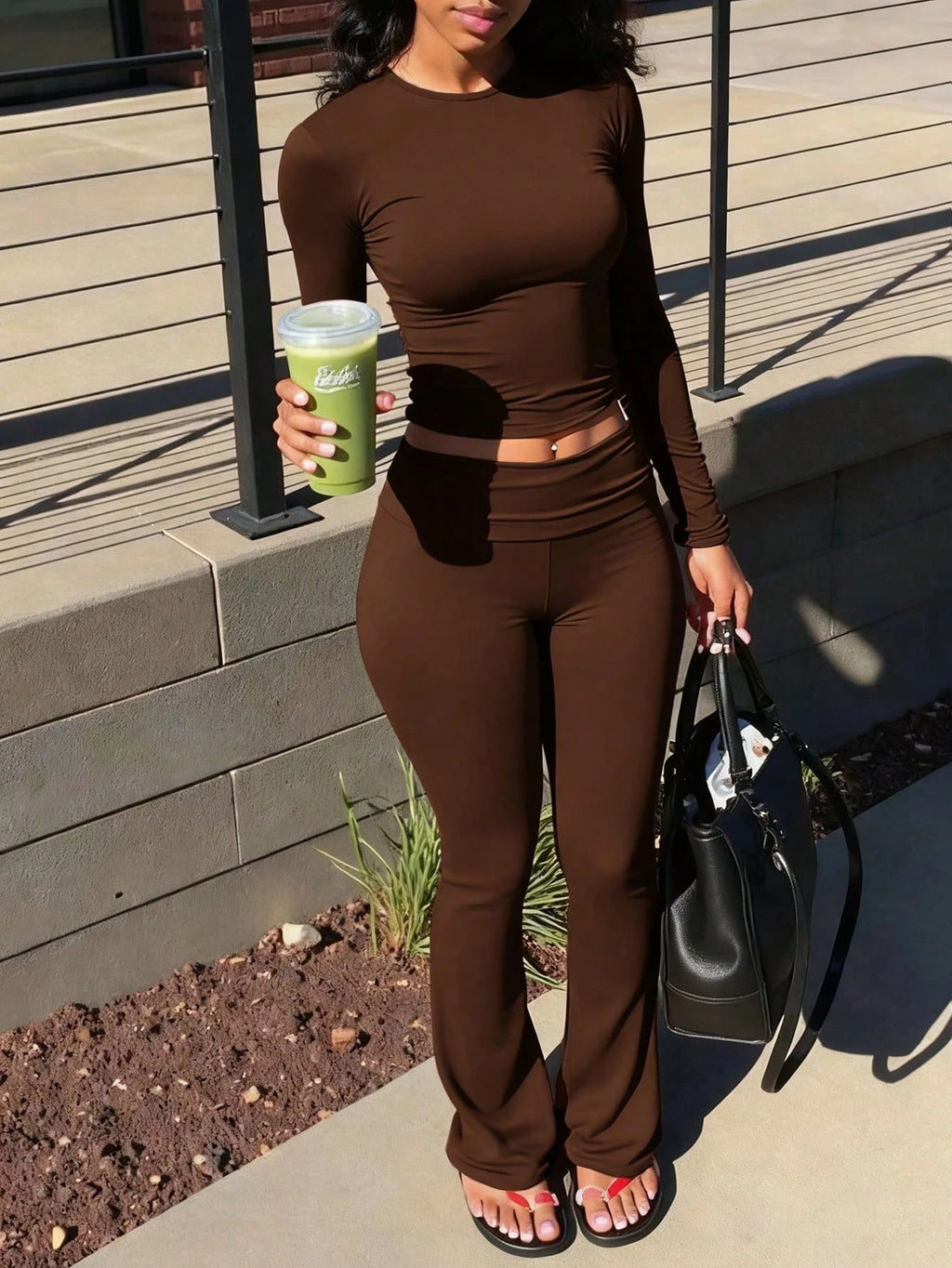 Women's solid color long-sleeve round-neck T-shirt and flare pants casual two-piece set, sportswear set, fitness set