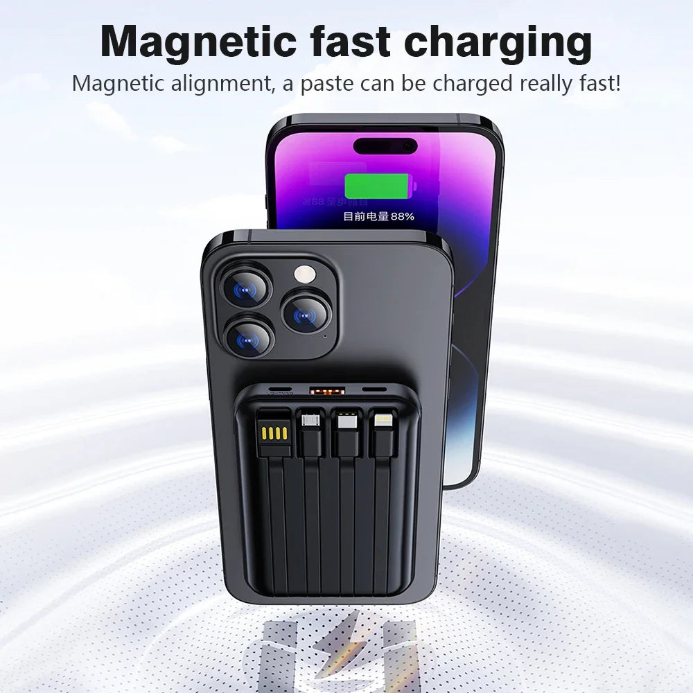 10000mAh Power Bank 15W Magnetic Fast Charging External Battery Wireless Charger with 4lines Cable for iPhone 15/14/13 xiaomi