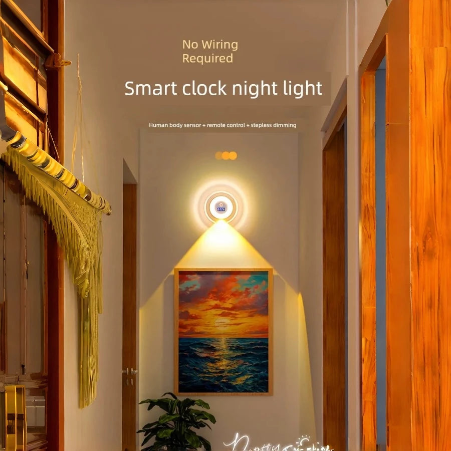 Smart LED Motion Sensor Night Light with Clock 3 Color Stepless Dimming Hill Wall Lamp USB Rechargeable Bedroom Ambient Light