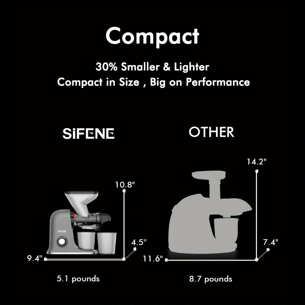 SiFENE Cold Press Juicer - Slow Masticating, High Yield for Fruits & Veggies, Dual-Mouth, Anti-Clog, Easy Clean, BPA-Free, Gray