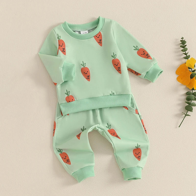 Cute Bunny Print Hooded Sweatshirt with Cozy Jogger Pants 2-Piece Outfit for Toddler Girls and Boys - Firu Total Sales