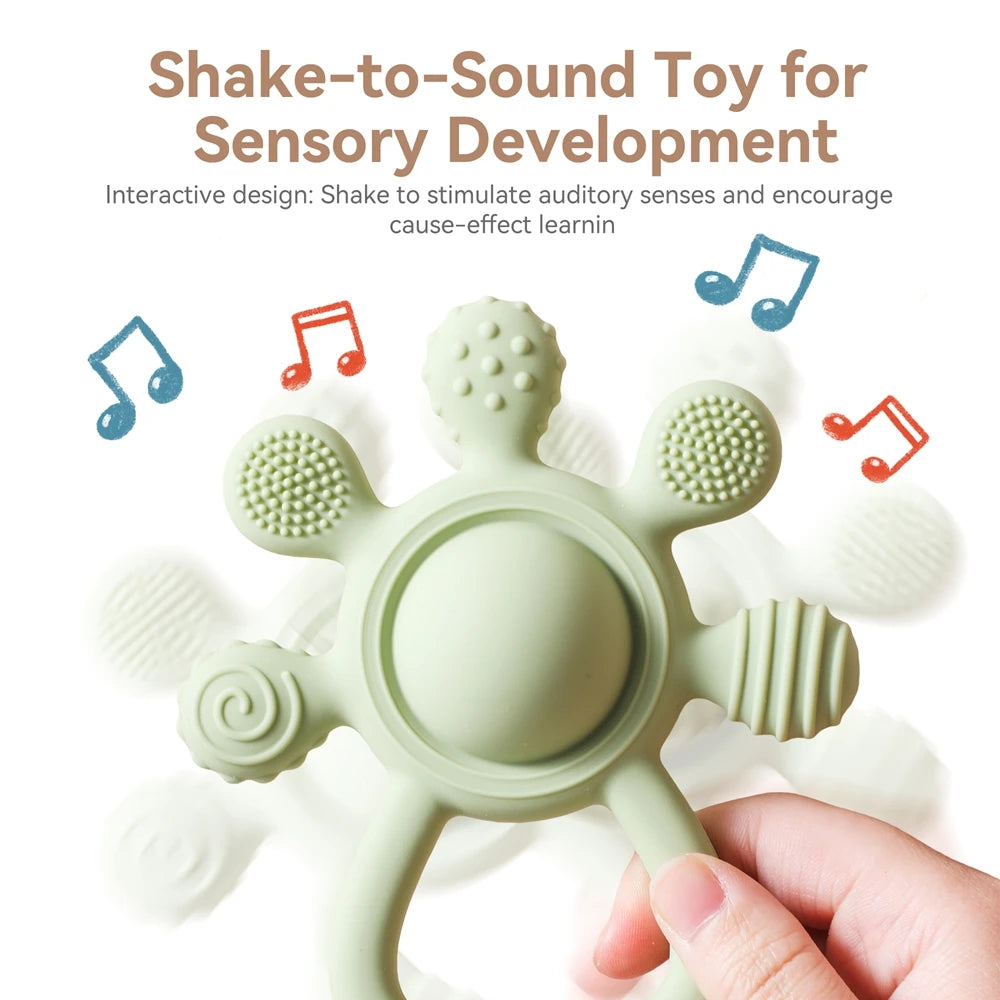 BPA Free Silicone Baby Teether — Sensory Rattle + Hand Bell | 0-12 Months