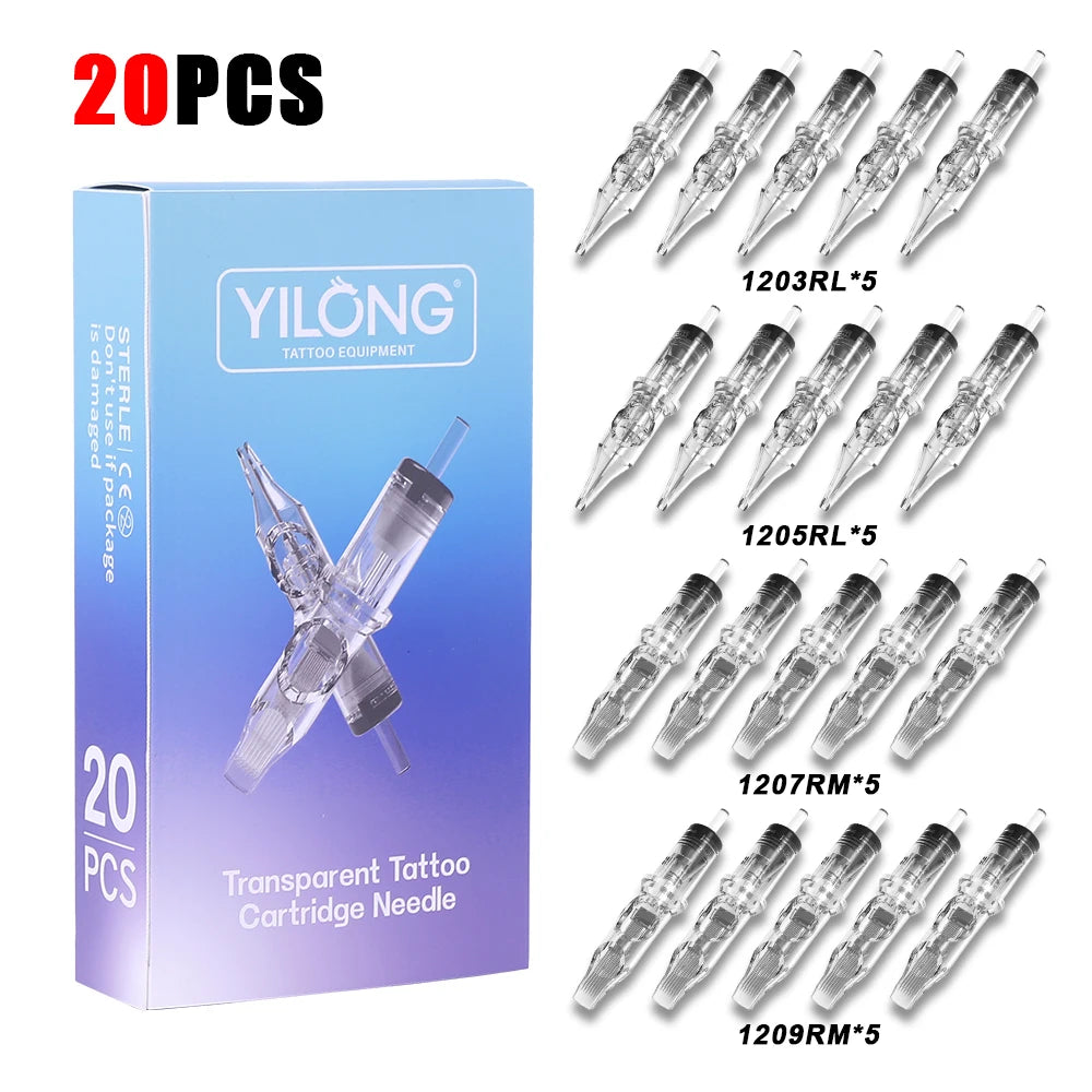 YILONG 50/20PCS Mixed Size Steriled Transparent Tattoo Cartridge Needles Needles with Membrane Safety Cartridges for Tattoo Pen